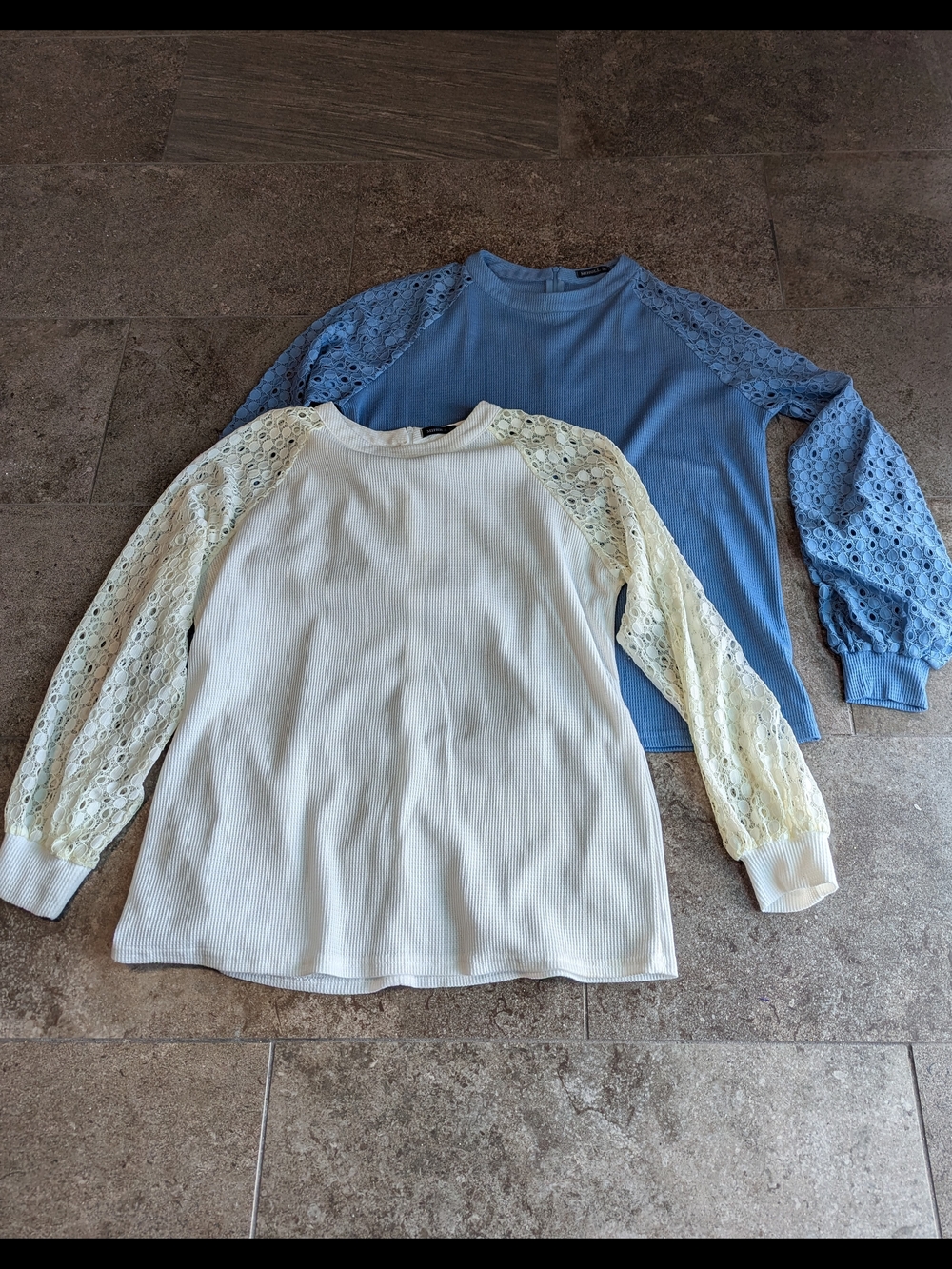 2 Women’s Lace-Sleeve Blouses - Cream and Light Blue
